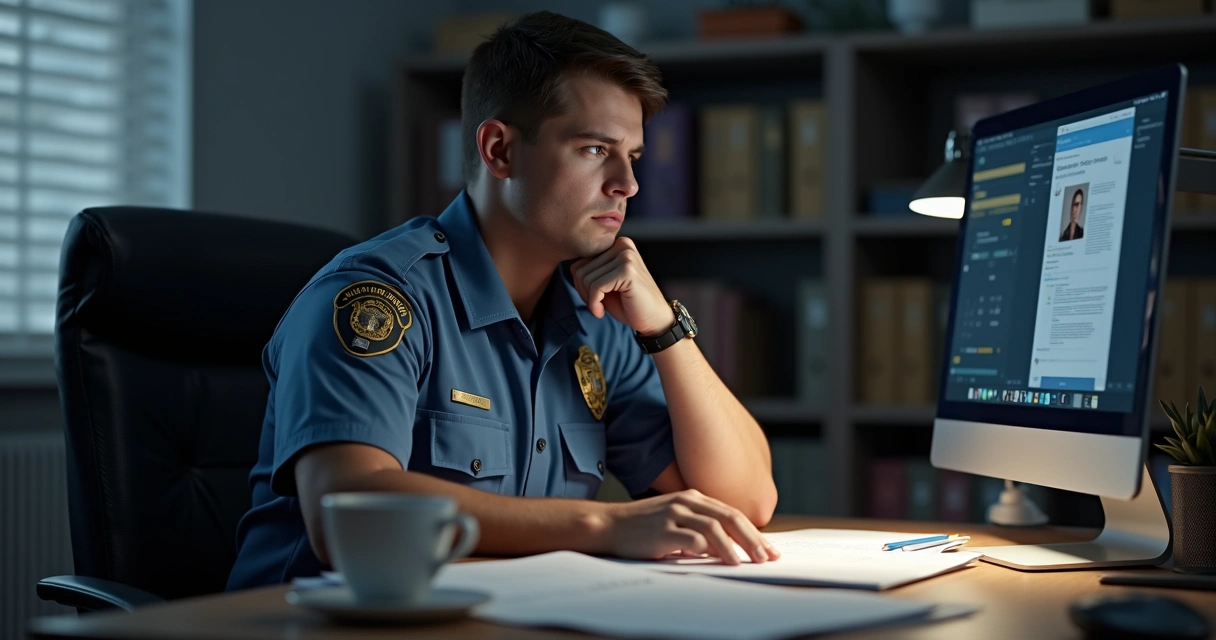 Policial analisando denúncia anônima em computador 