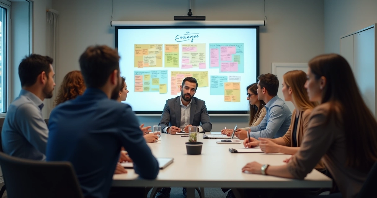 Líder indicando tarefas para diferentes membros da equipe com quadro de planejamento ao fundo 