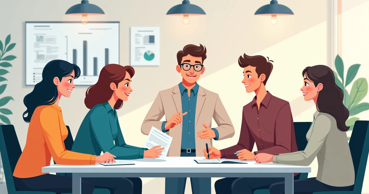 Equipe reunida, empresário orientando colaborador sobre tarefas 