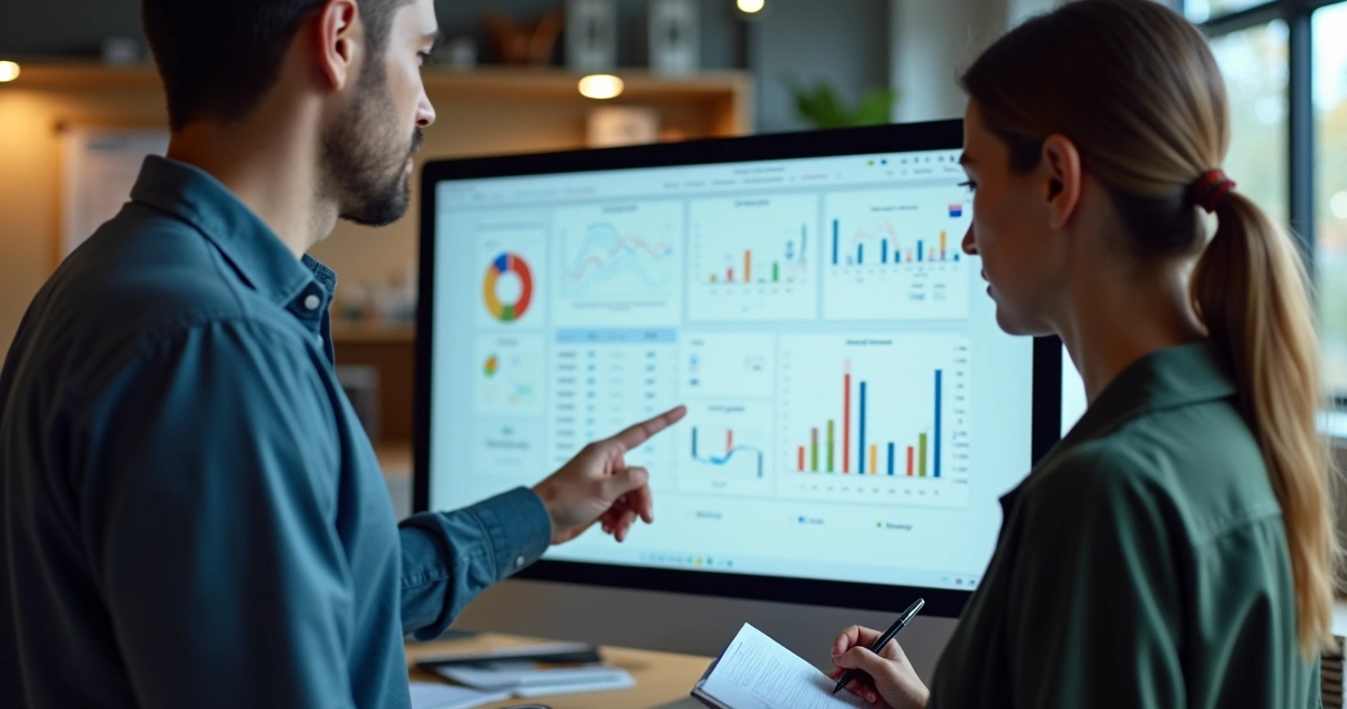 Líder orientando colaborador em tela de computador com gráficos e anotações visíveis 