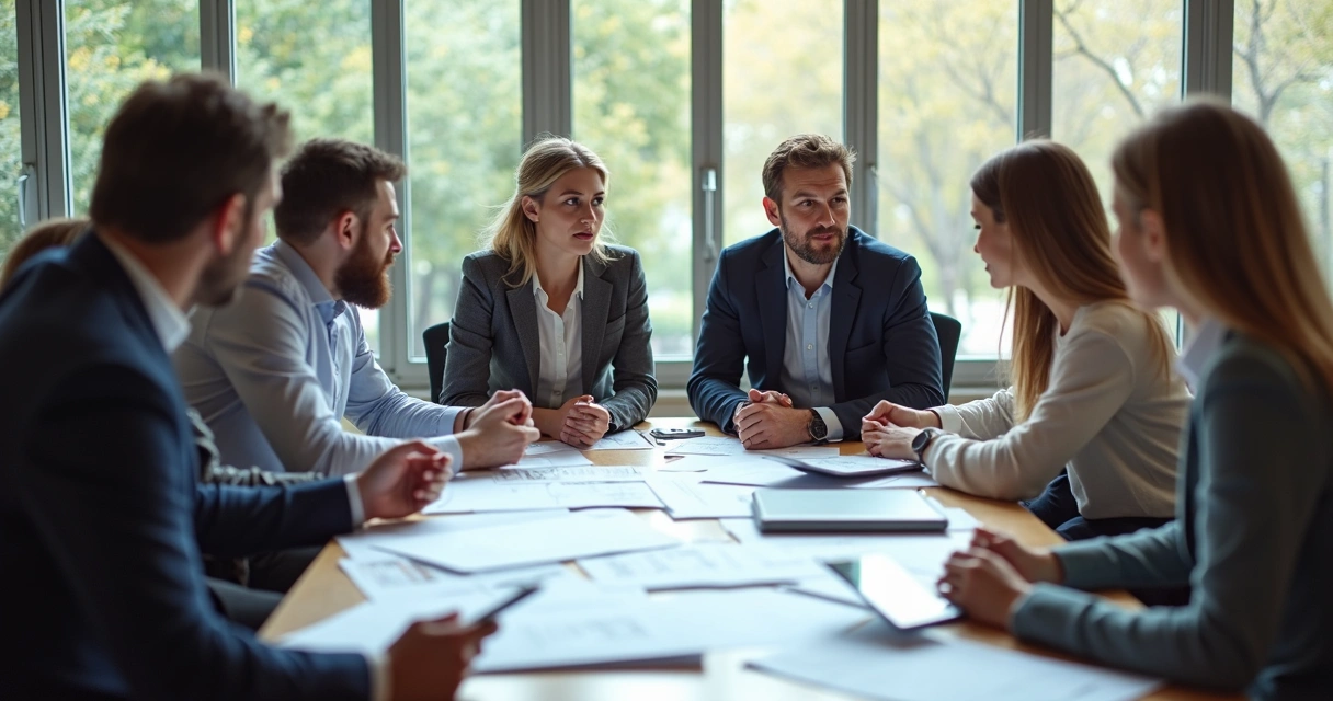 Colaboradores em reunião ao redor de uma mesa, trocando ideias e compartilhando papéis 