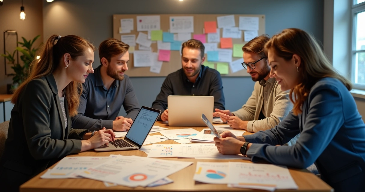 Equipe de uma pequena empresa reunida em volta de uma mesa com papéis e laptops 