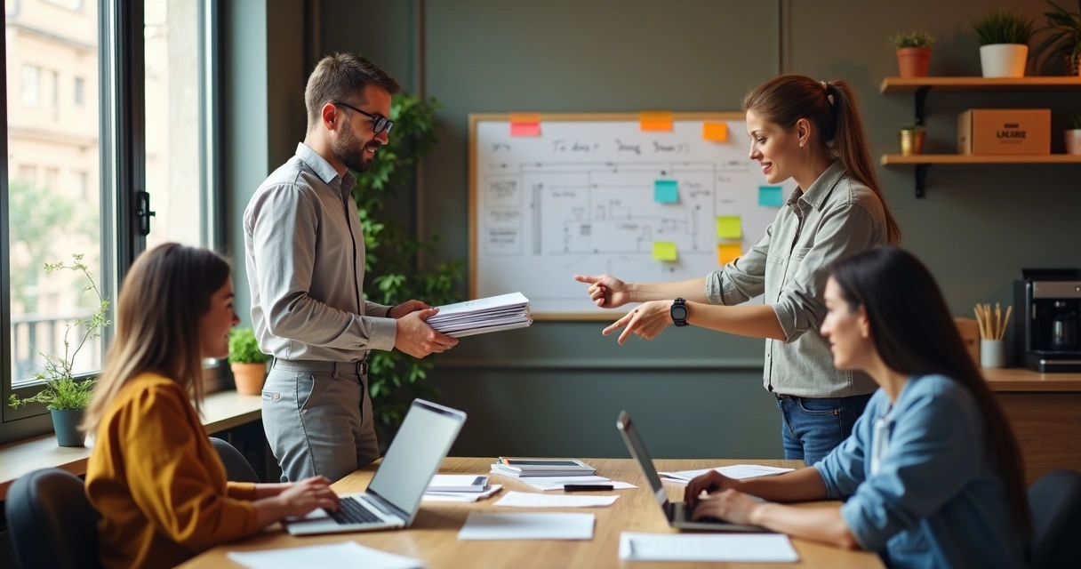 Empreendedor passando tarefas para equipe em pequena empresa moderna 