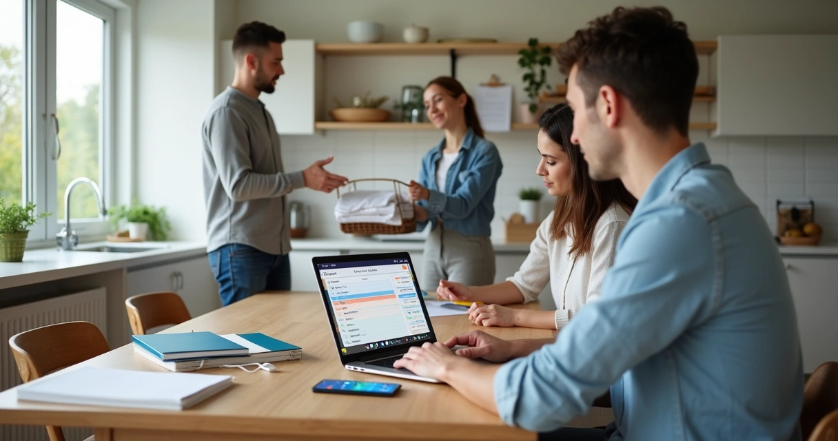 Pessoa distribuindo tarefas em mesa de trabalho organizada com família ao fundo 
