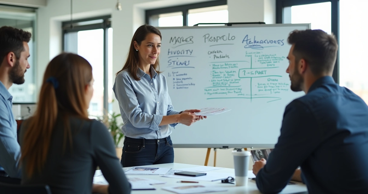 Manager explaining project details to a team in a modern office