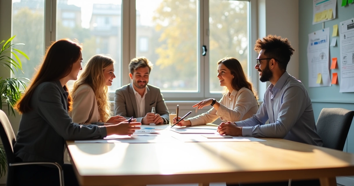Team around a table discussing tasks 