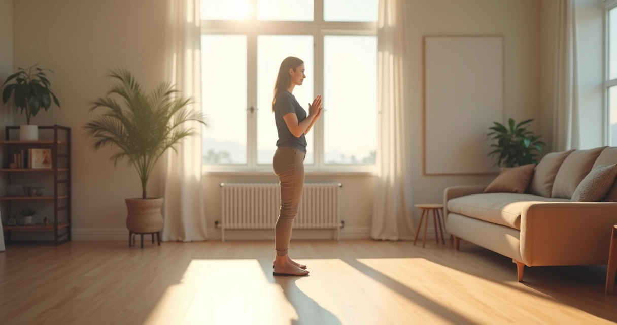 Pessoa em pé, sinalizando com a mão para manter distância saudável, em uma sala clara e organizada. 