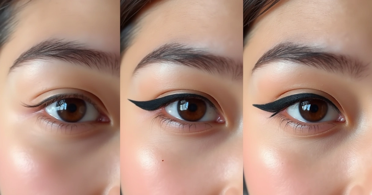 Sequência mostrando o passo a passo do delineado gatinho em um olho feminino