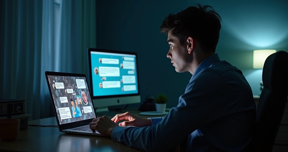 Homem sentado sozinho em quarto escuro digitando em computador com janelas de chat abertas 