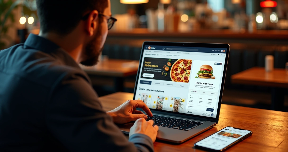 Dono de restaurante decidindo entre app de delivery próprio e marketplace na tela do notebook 