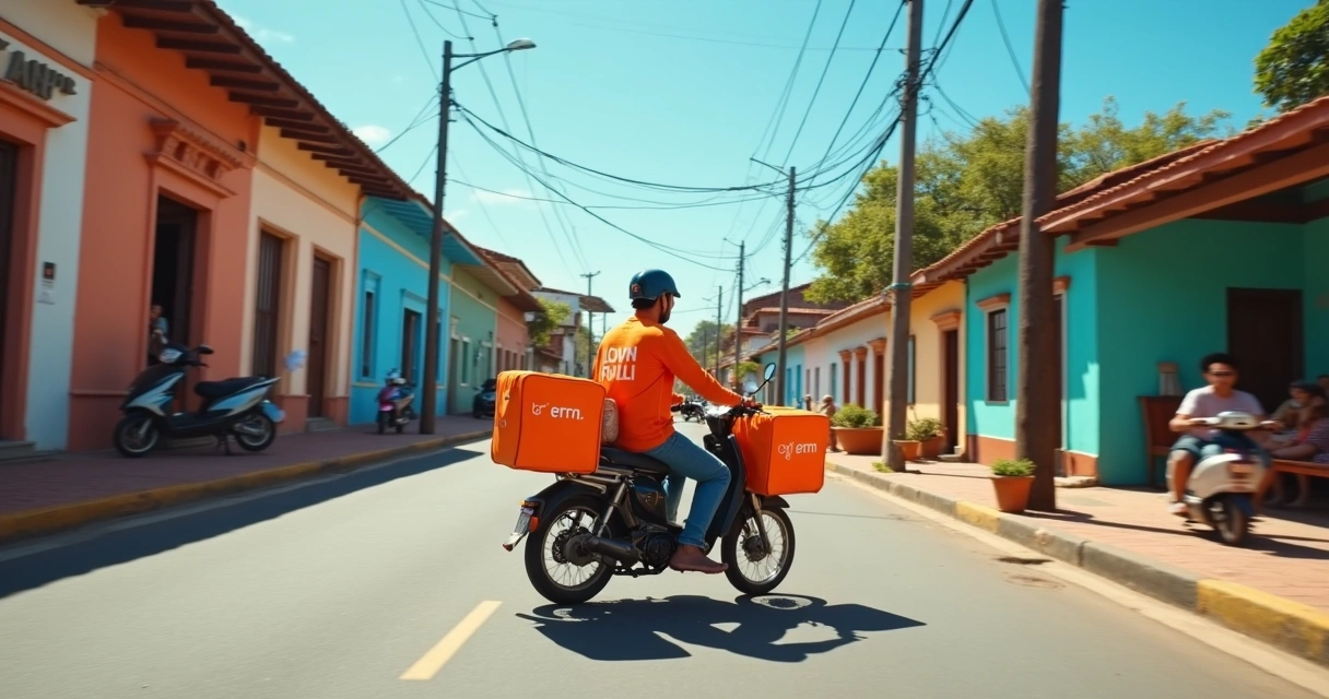 Motociclista entregador em cidade pequena 