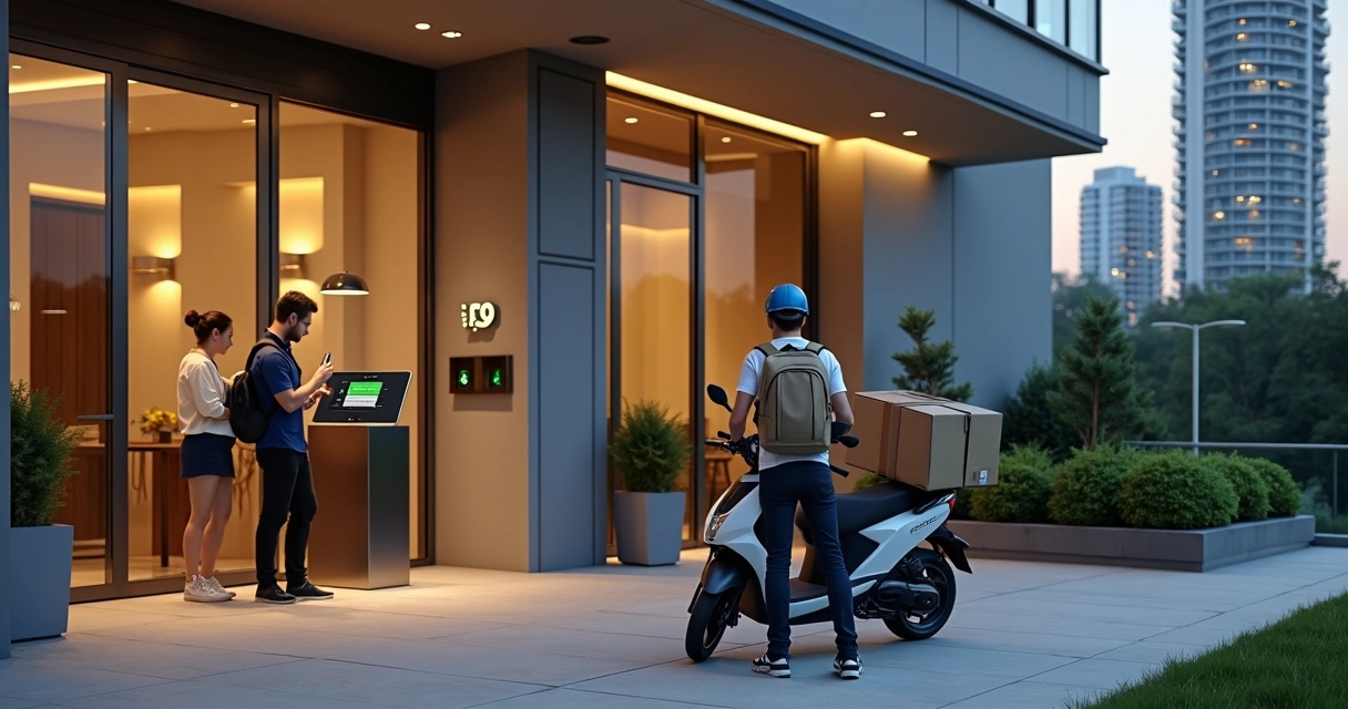 Entregador de delivery na portaria de condomínio recebendo código de acesso em tablet 