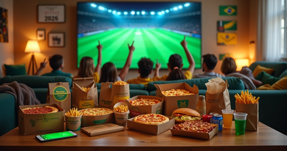 Sacolas de delivery sobre mesa com torcida assistindo jogo da Copa ao fundo 