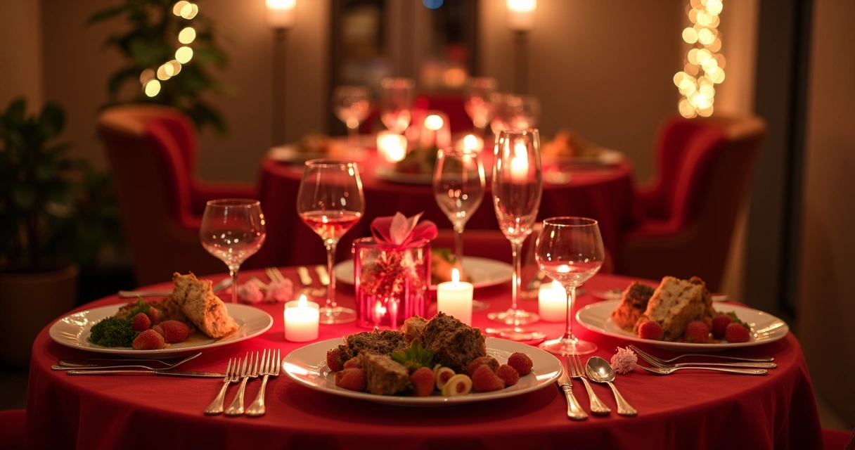 Mesa decorada com jantar romântico de delivery para duas pessoas, velas acesas e pratos sofisticados 
