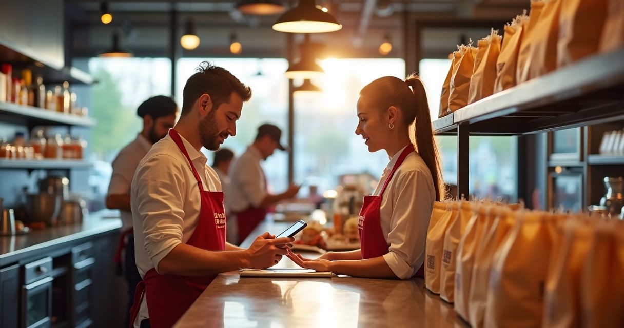 Equipe de restaurante usando tablets para delivery digital