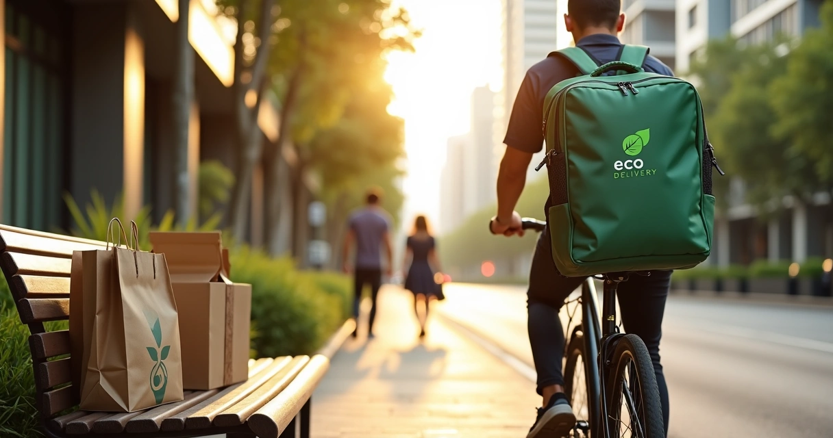 Entregador de bicicleta carregando embalagem sustentável de delivery em caixa térmica verde 