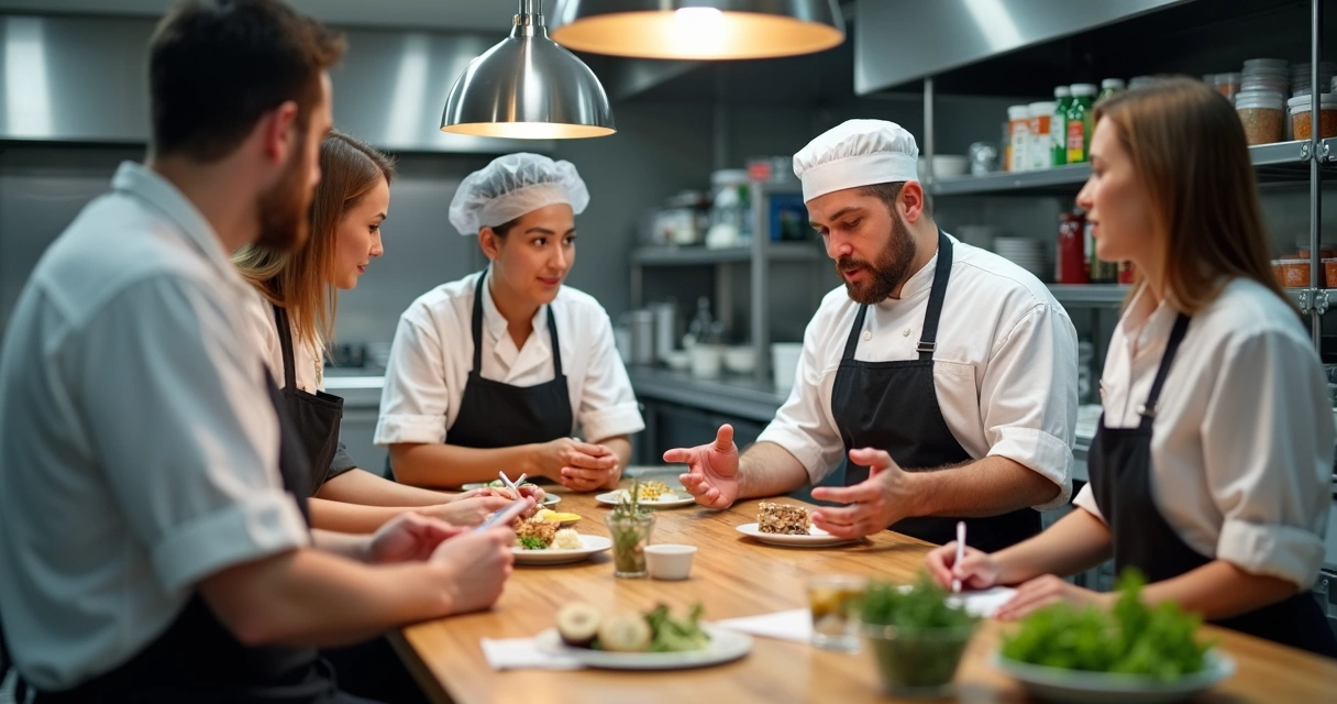 Equipe de restaurante recebendo treinamento sobre controle de desperdício 