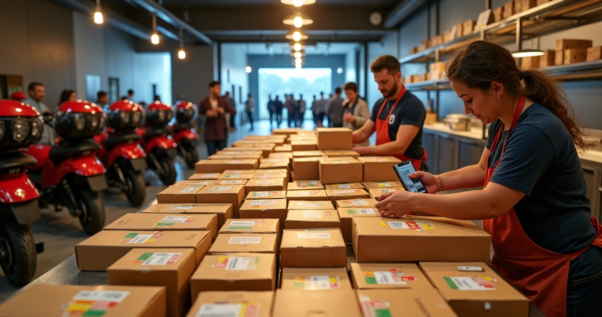 Equipe organizando várias caixas de delivery para um grande evento 