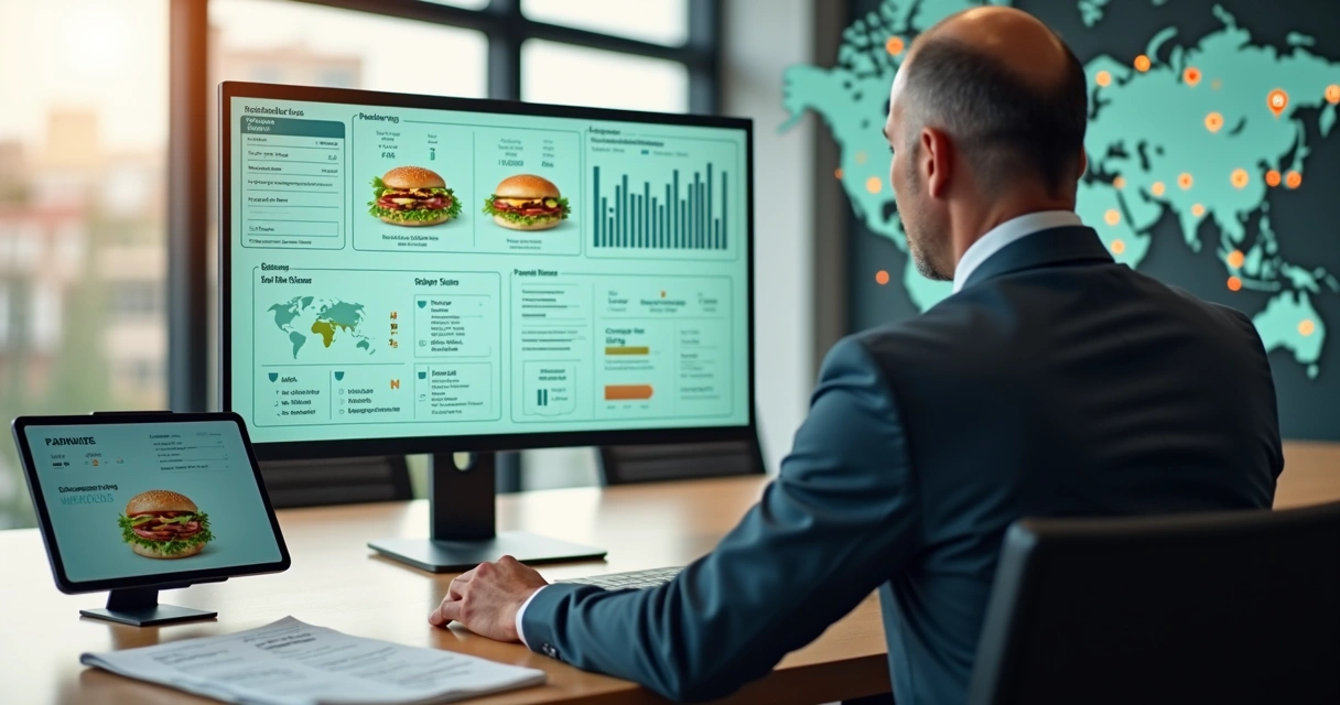 Gestor de franquias analisando padronização do delivery em telas de computador e tablet 