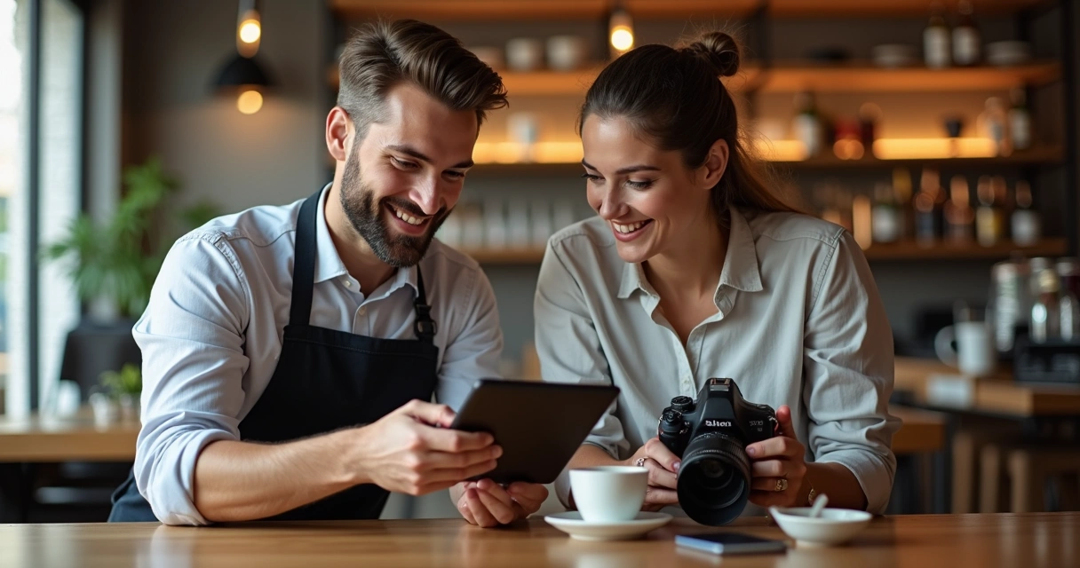 Duas pessoas em uma cafeteria, uma apresentando proposta de parceria em um tablet para outra 