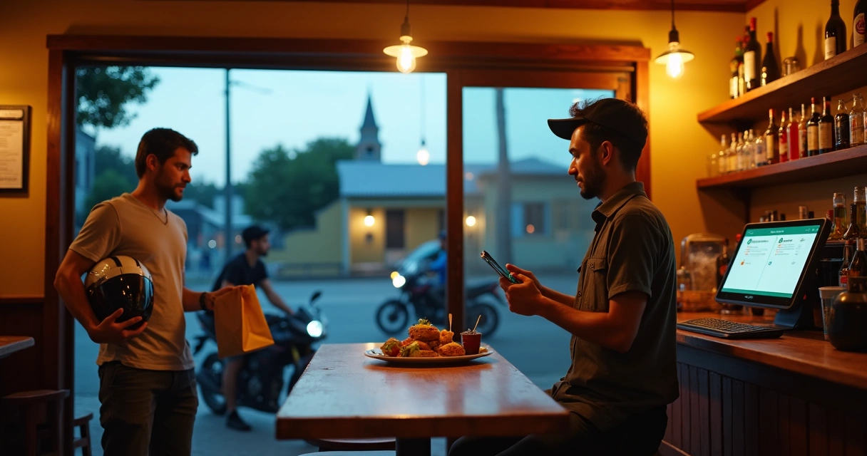 Garçom levando pedido enquanto entregador de delivery retira sacola em restaurante de cidade do interior 