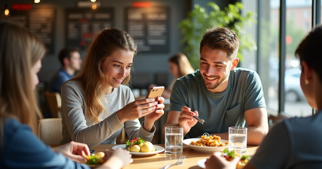Duas pessoas em uma cafeteria, uma fotografando o prato do outro com celular 
