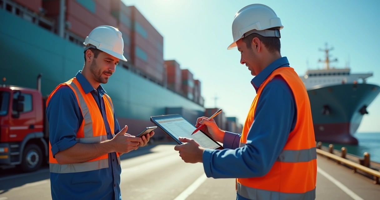 Deck supervisor using a tablet to take a delivery photo and capture a digital signature beside cargo