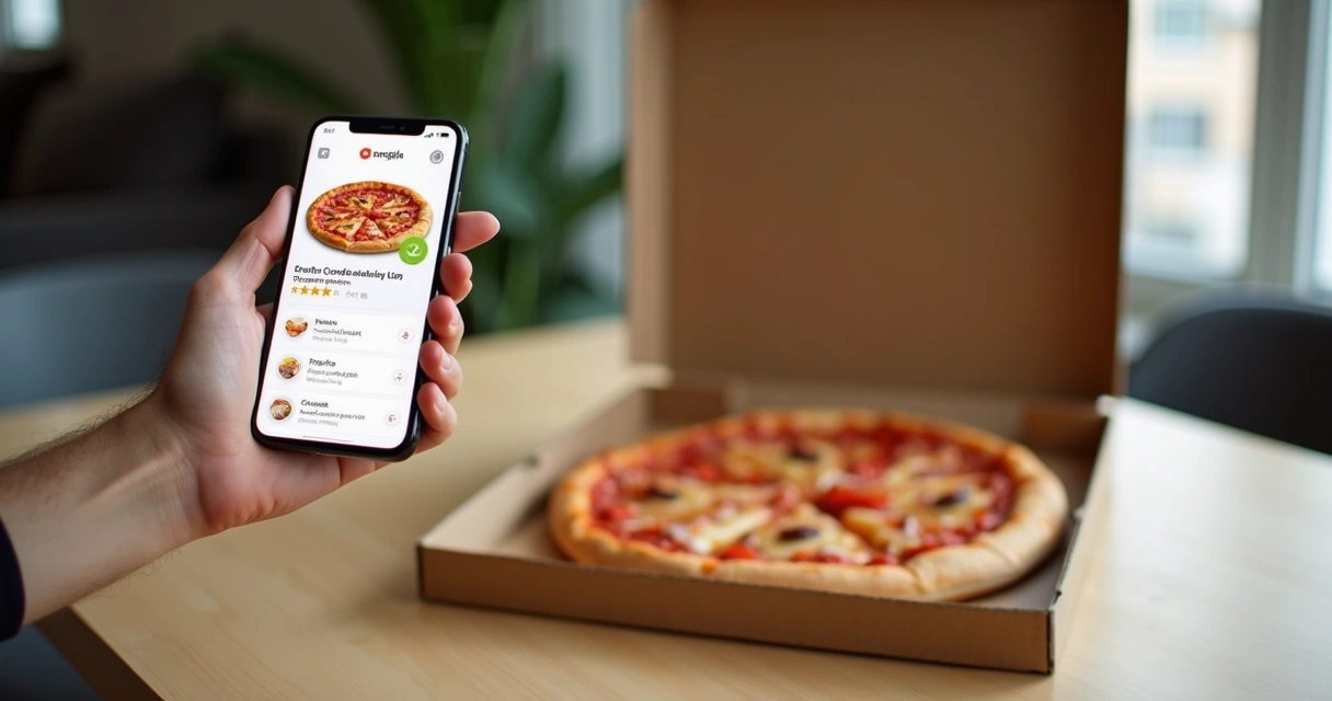 Mão segurando celular com app de delivery aberto ao lado de pizza em caixa sobre mesa de madeira clara. 
