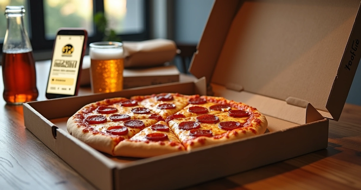 Mesa de madeira com pizza entregue em caixa aberta, smartphone mostrando aplicativo delivery, ao lado embalagens e bebida gelada 