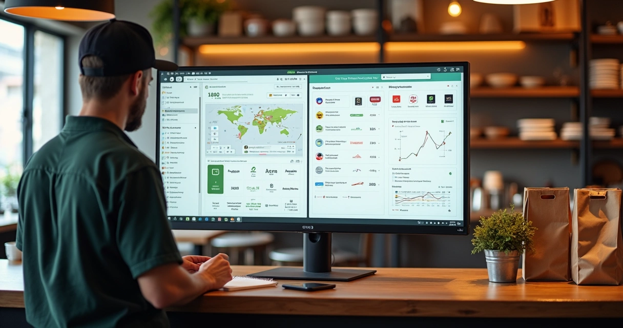 Gestor de restaurante analisando delivery próprio e apps de entrega na tela do computador 