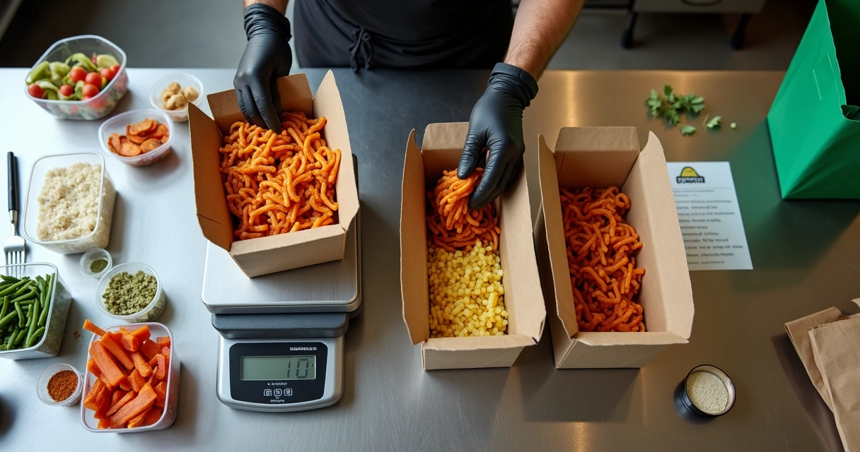 Mesa de preparo com refeição de delivery separada em porções e aproveitamento de sobras.organizado 