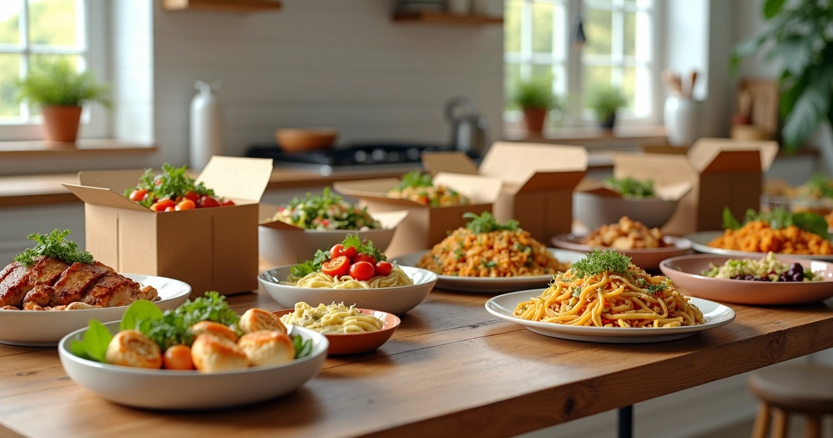 Mesa com várias marmitas de delivery diferentes, embalagens de comida diversas e pratos coloridos em ambiente de cozinha moderna 