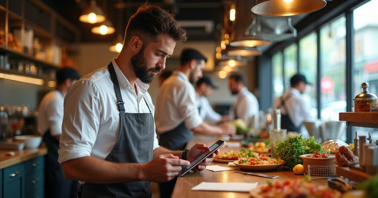 Gestor usando tablet para acompanhar pedidos de delivery e retirada 
