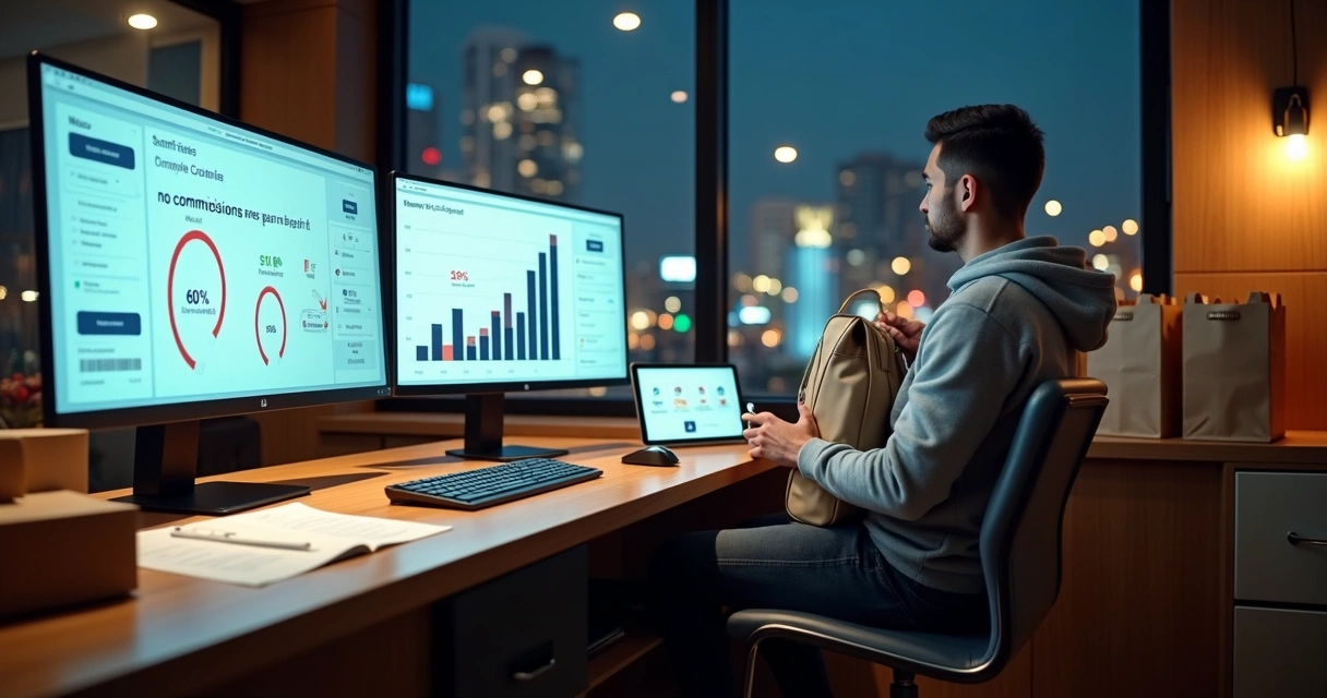 Gráfico de lucros crescendo ao lado de entregador de delivery e tela de sistema próprio 