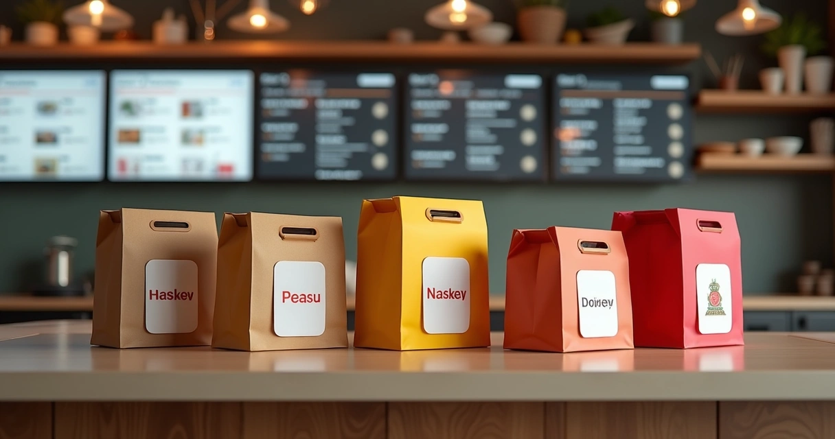 Balcão com embalagens de delivery de diferentes marcas 