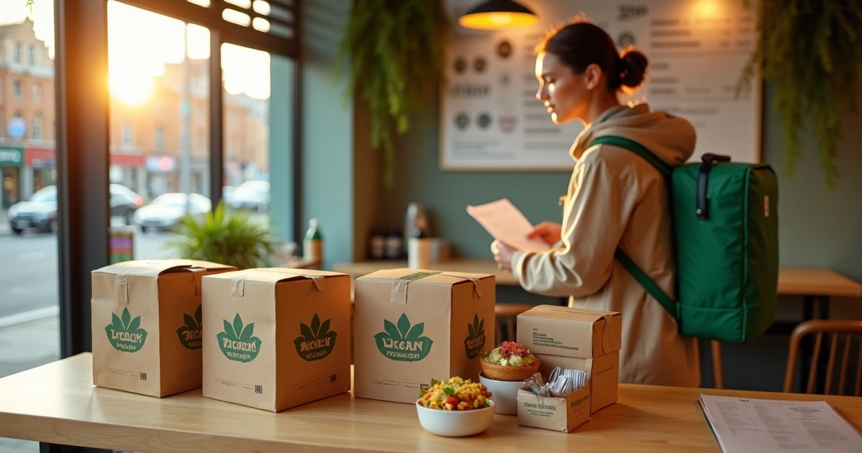 Embalagens de delivery vegano alinhadas em balcão com entregador esperando ao fundo 