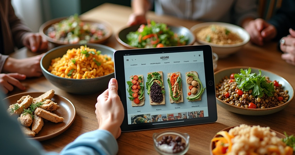 Vista de cima de uma mesa com pratos veganos e um tablet com menu digital