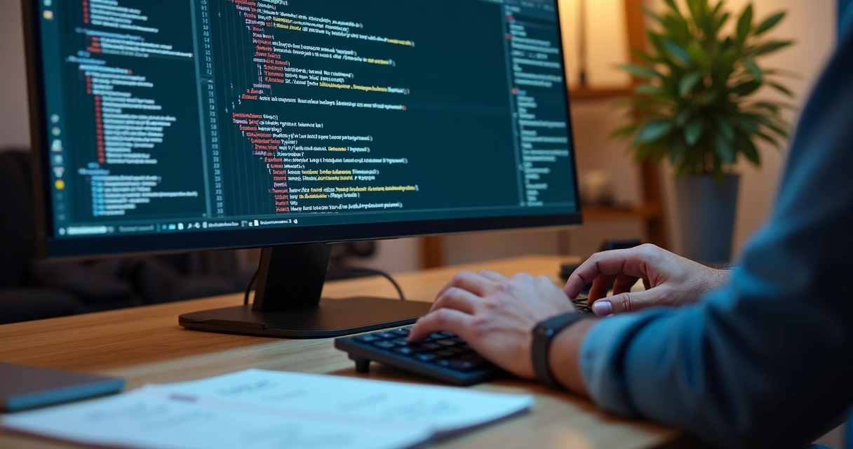 Developer working at a computer writing Delphi unit tests 