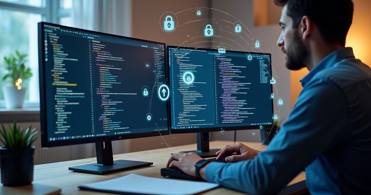 Developer writing secure Delphi REST API code on a dual-monitor setup with cybersecurity icons and coding environment 