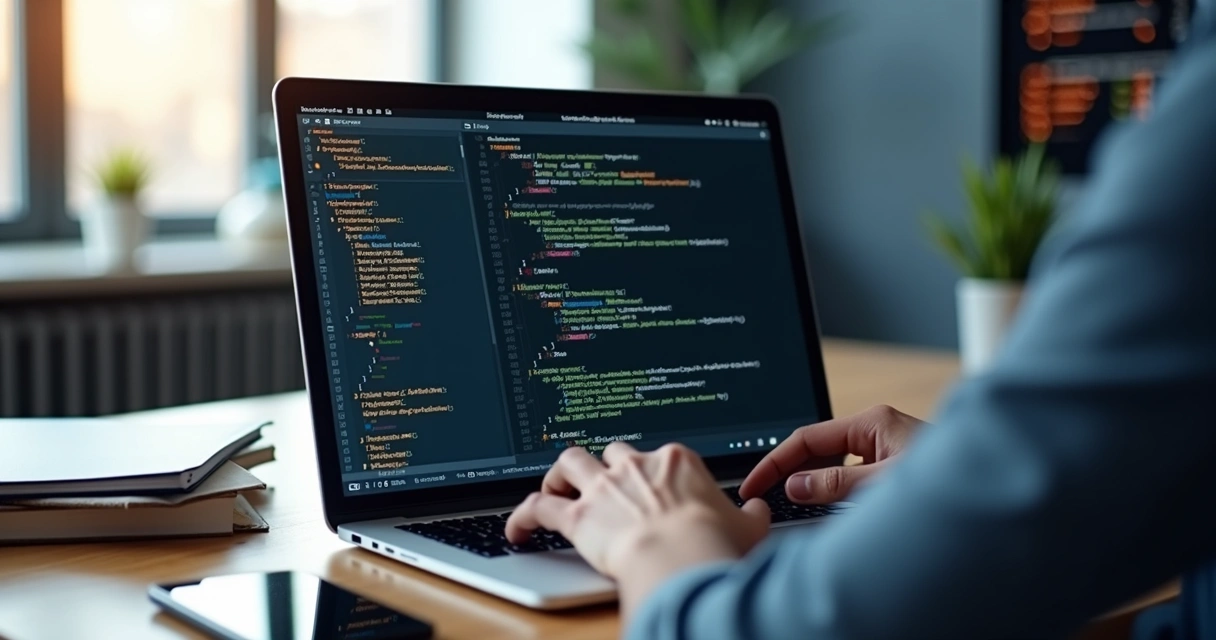 Developer writing automated tests for Delphi software on a laptop screen with code and test results visible 