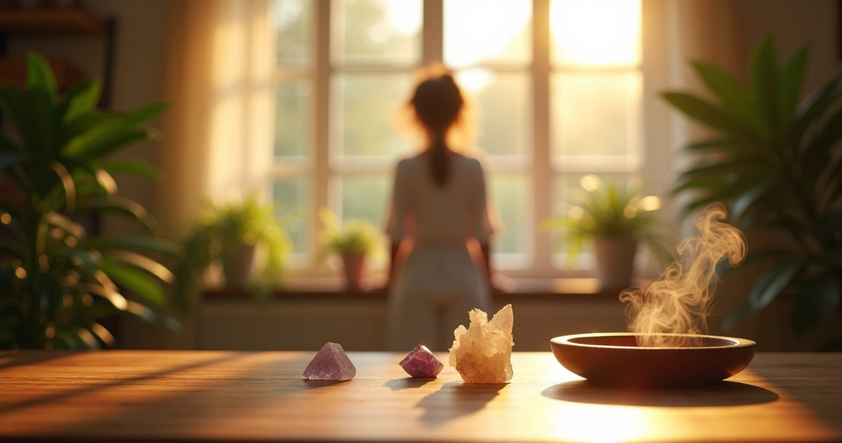 Ambiente de casa com luzes suaves e objetos de proteção espiritual 