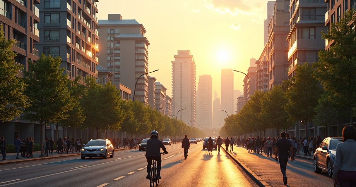 Avenida movimentada em cidade com muitos prédios residenciais ao fundo 