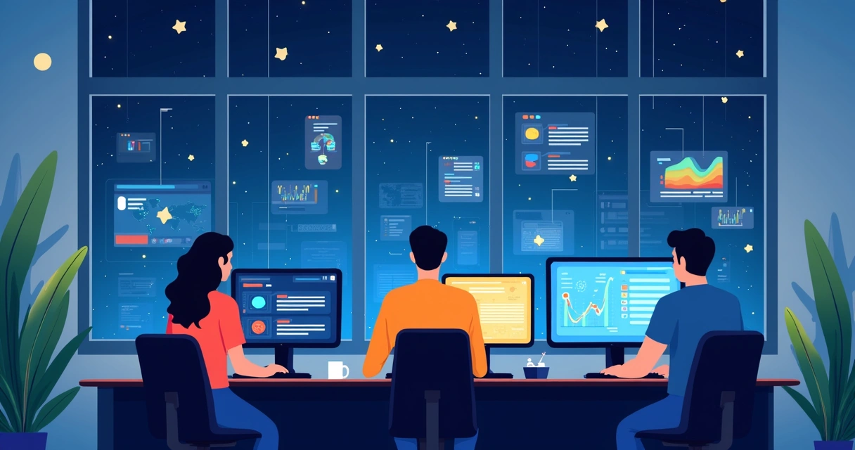Equipe trabalhando em picos de atendimento digital à noite. 