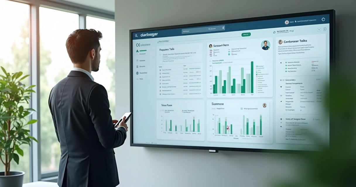 Síndico utilizando painel digital para monitorar solicitações do condomínio 