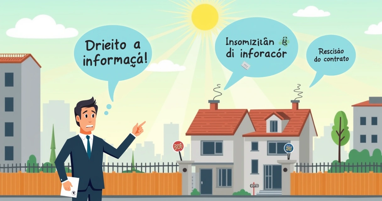 Comprador frustrado na frente de um canteiro de obras inacabado, segurando documentos e sinalizando preocupação.