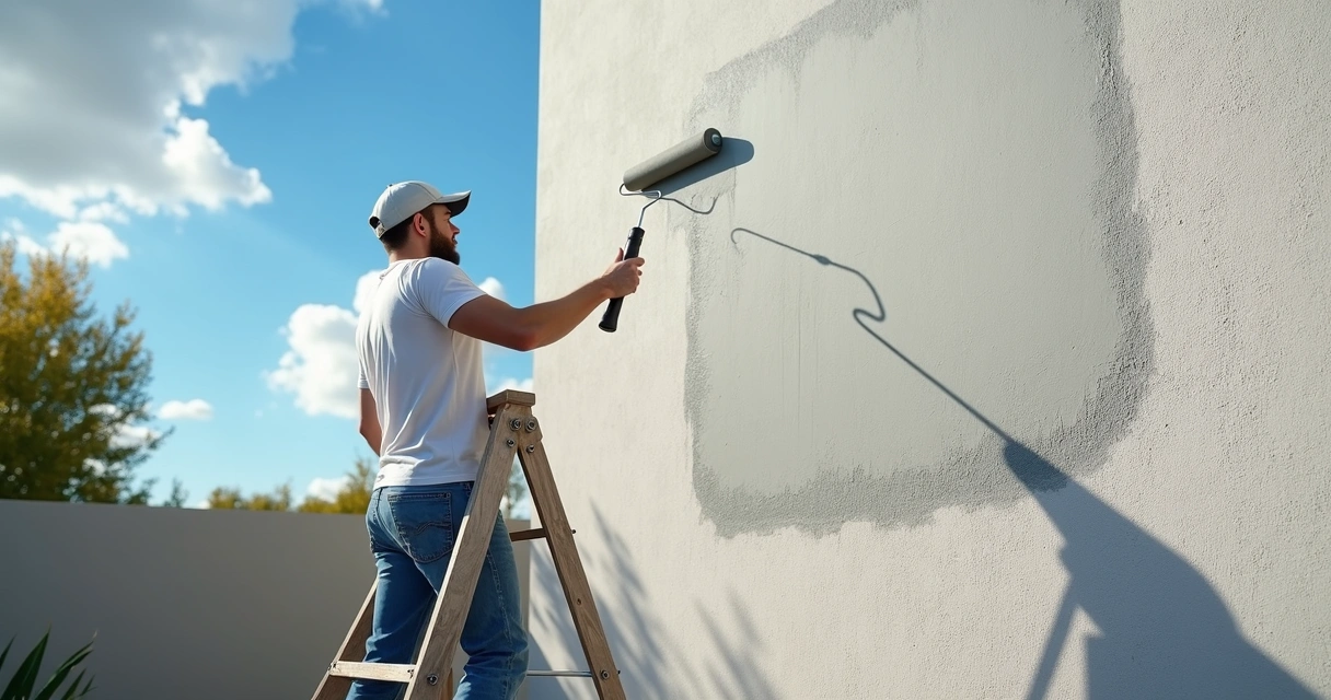 Pintor usando rolo em parede externa sob sol 