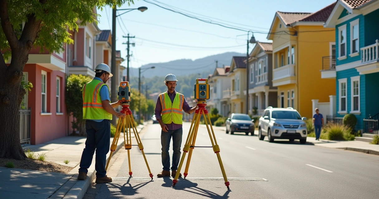 Equipe demarcando limites de lote urbano em rua de bairro residencial 