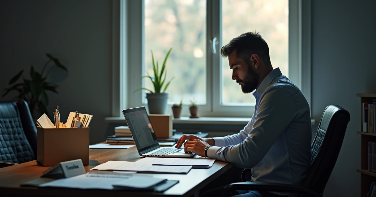 Gestor refletindo sobre demissões e contratações em sala de reunião vazia
