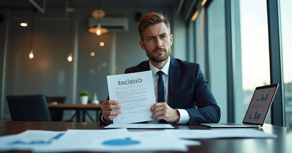 Profissional analisando rescisão de contrato em sala corporativa com documentos e computadores