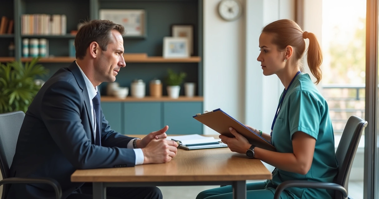 Gestor conversando com cuidadora em escritório moderno de agência de home care 